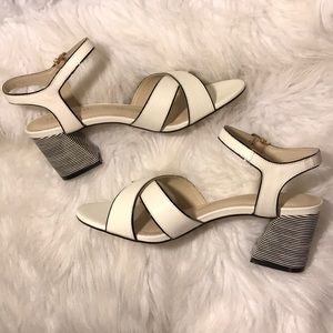 NIB Brazil leather black & white strapless heels